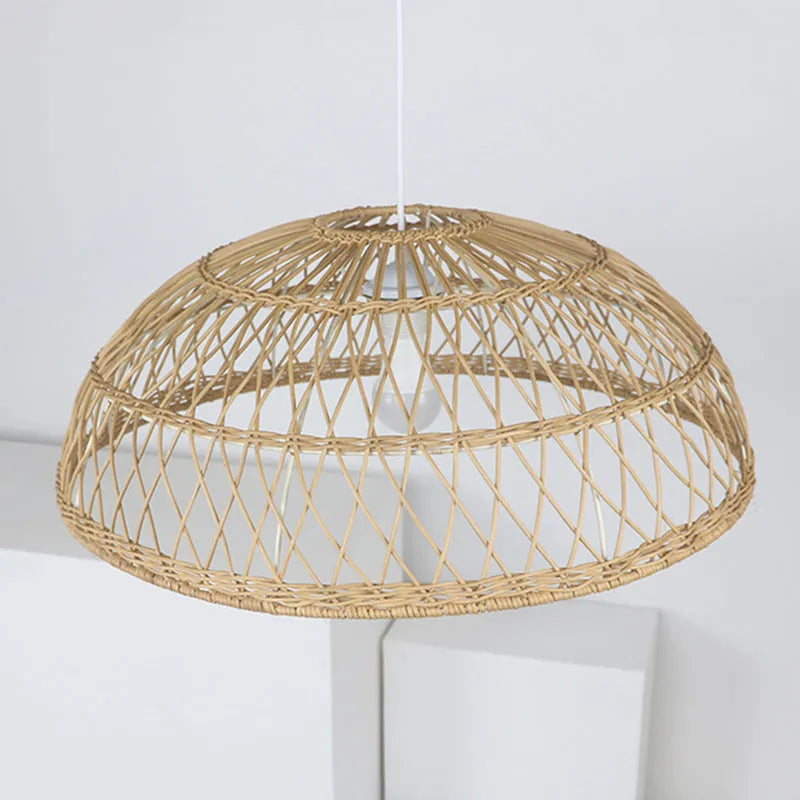 Handwoven bamboo chandelier, 60cm diameter, natural finish, hanging from ceiling