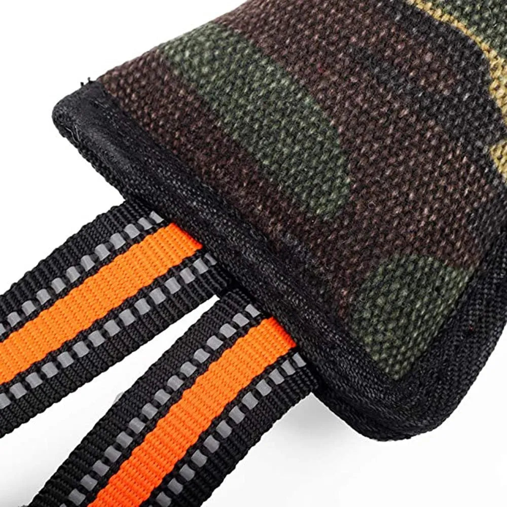 Yellow-edged jute dog training bite stick showing reflective stitching and 55cm length