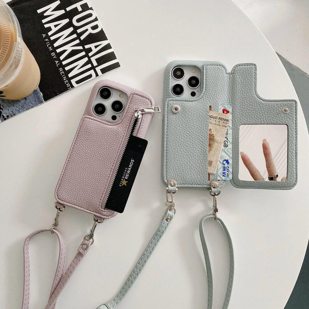 Lychee pattern imitation leather two-fold phone case with card slots and mirror, crossbody strap, for iPhone