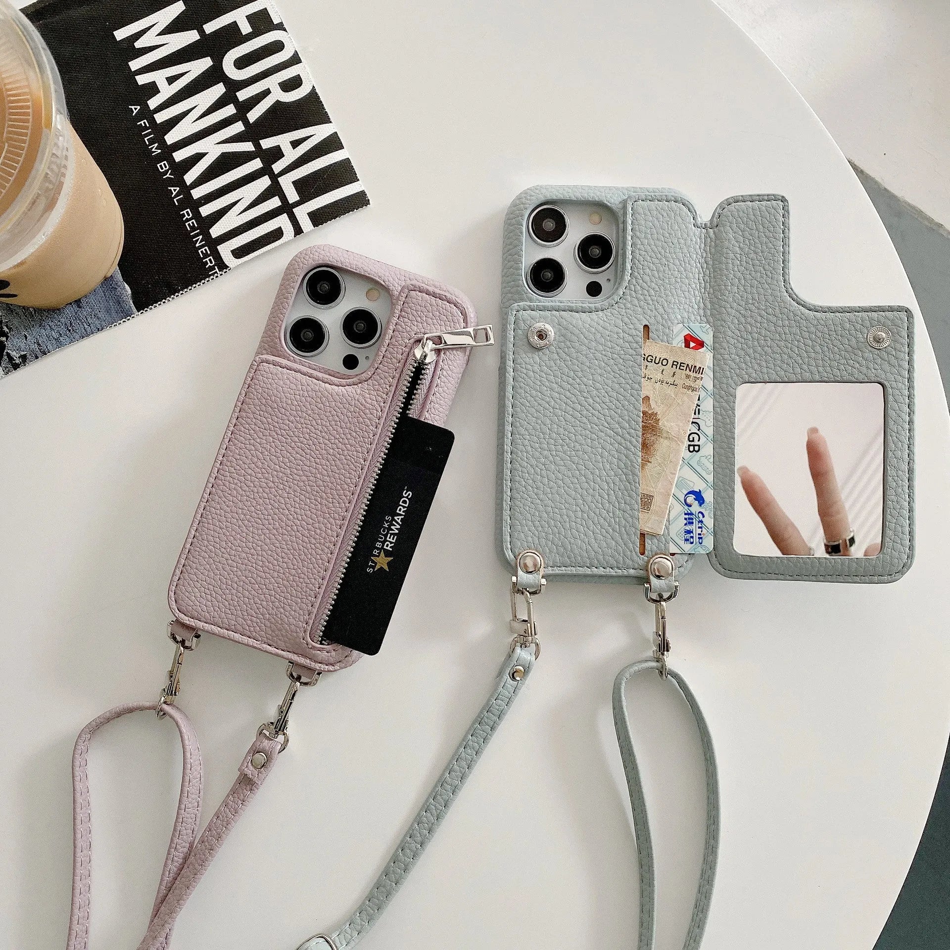 Lychee pattern imitation leather two-fold phone case with card slots and mirror, crossbody strap, for iPhone
