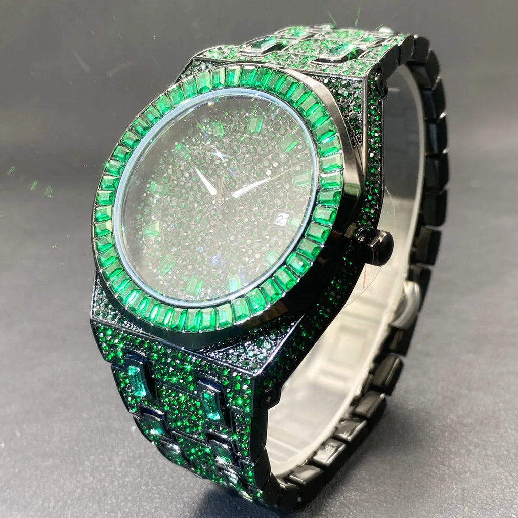 Green full rhinestone hip hop quartz watch for men with alloy case and 13mm thickness