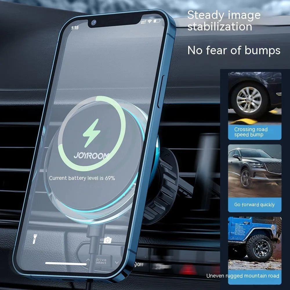 Black magnetic wireless phone charging stand mounted on car air vent