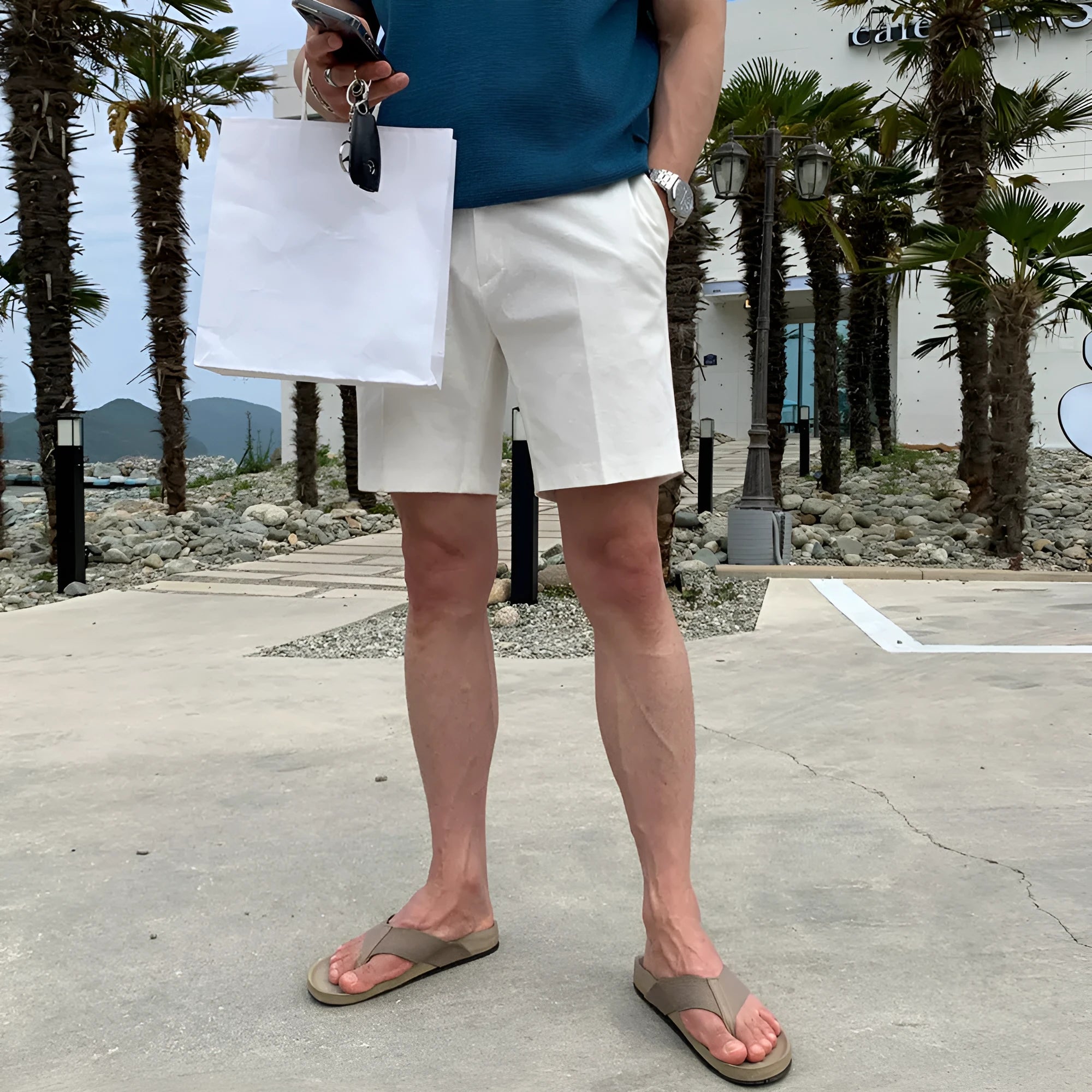 Men's straight leg casual shorts in solid colour on a hanger