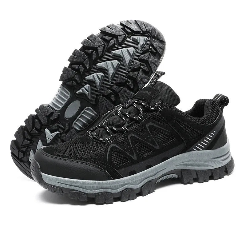 Men's black hiking shoes with low heel, breathable microfiber upper, and wear-resistant sole for camping and running