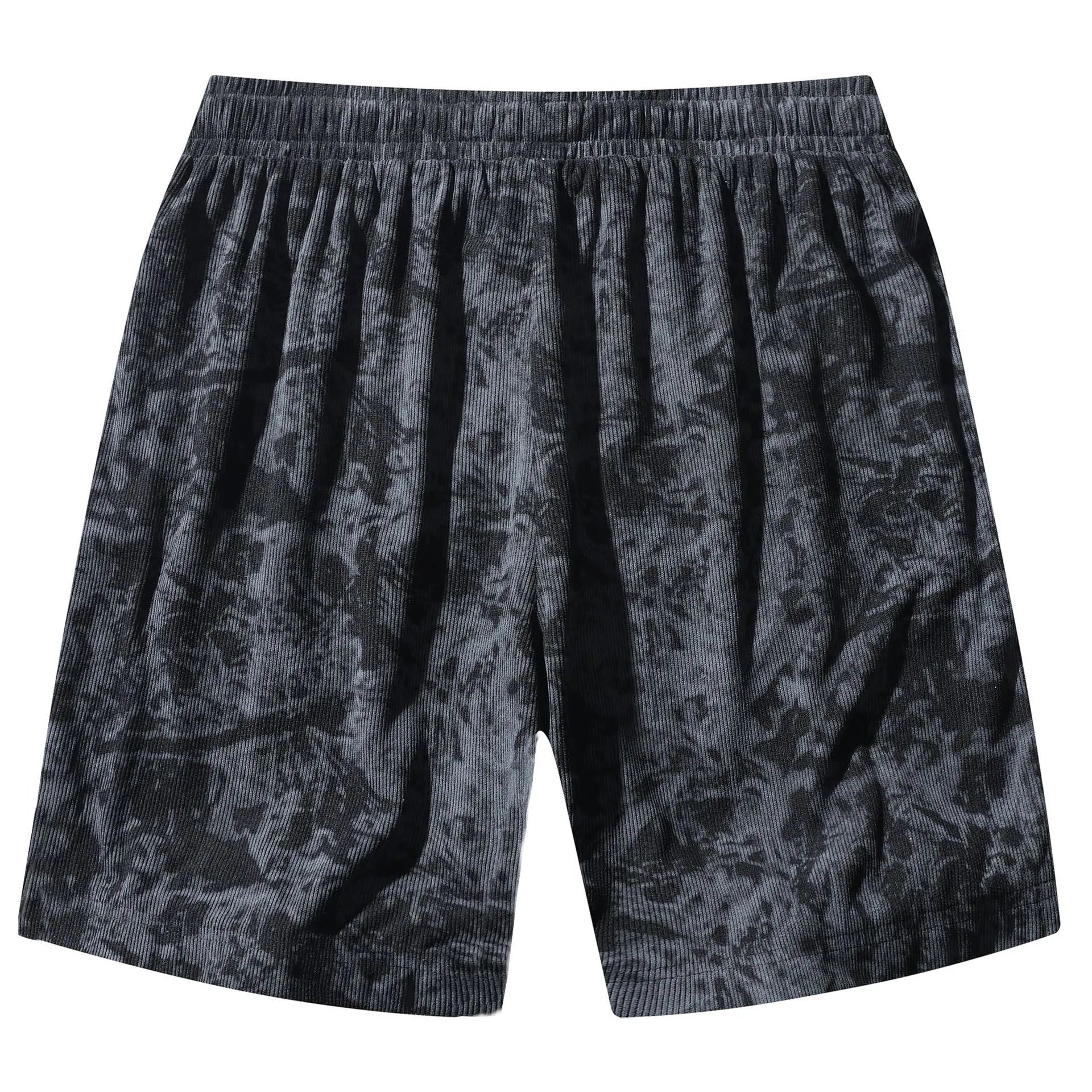 Men's corduroy camouflage pattern athletic shorts in a straight cut high-waist design.