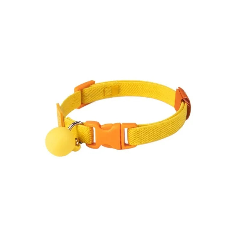 A stretchy, solid-colour polyester dog collar for small breeds, shown in sky blue, adjustable from 22 to 32 centimetres.