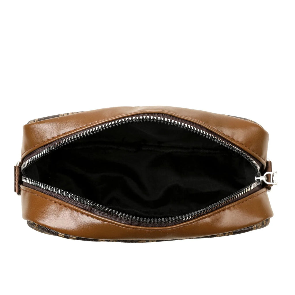 PU leather crossbody bag with wide strap showing three-dimensional front pocket in black colour