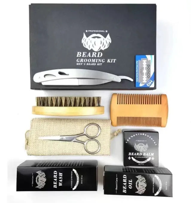 Men's beard grooming kit with beard roller, cleaning disinfectant, and 30ml moisturising nursing set, SPF50