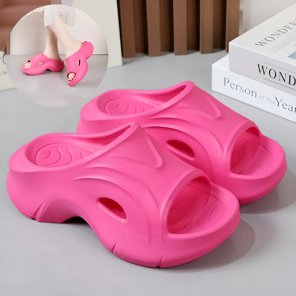 Women's thick-soled EVA slippers in white, black, or rose red colours with rounded toe design
