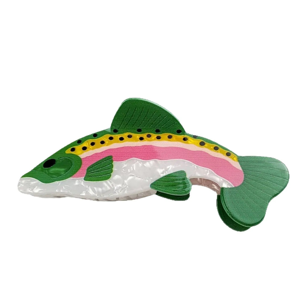 Dark green rainbow trout hair clip with printed carp elements and PVC construction