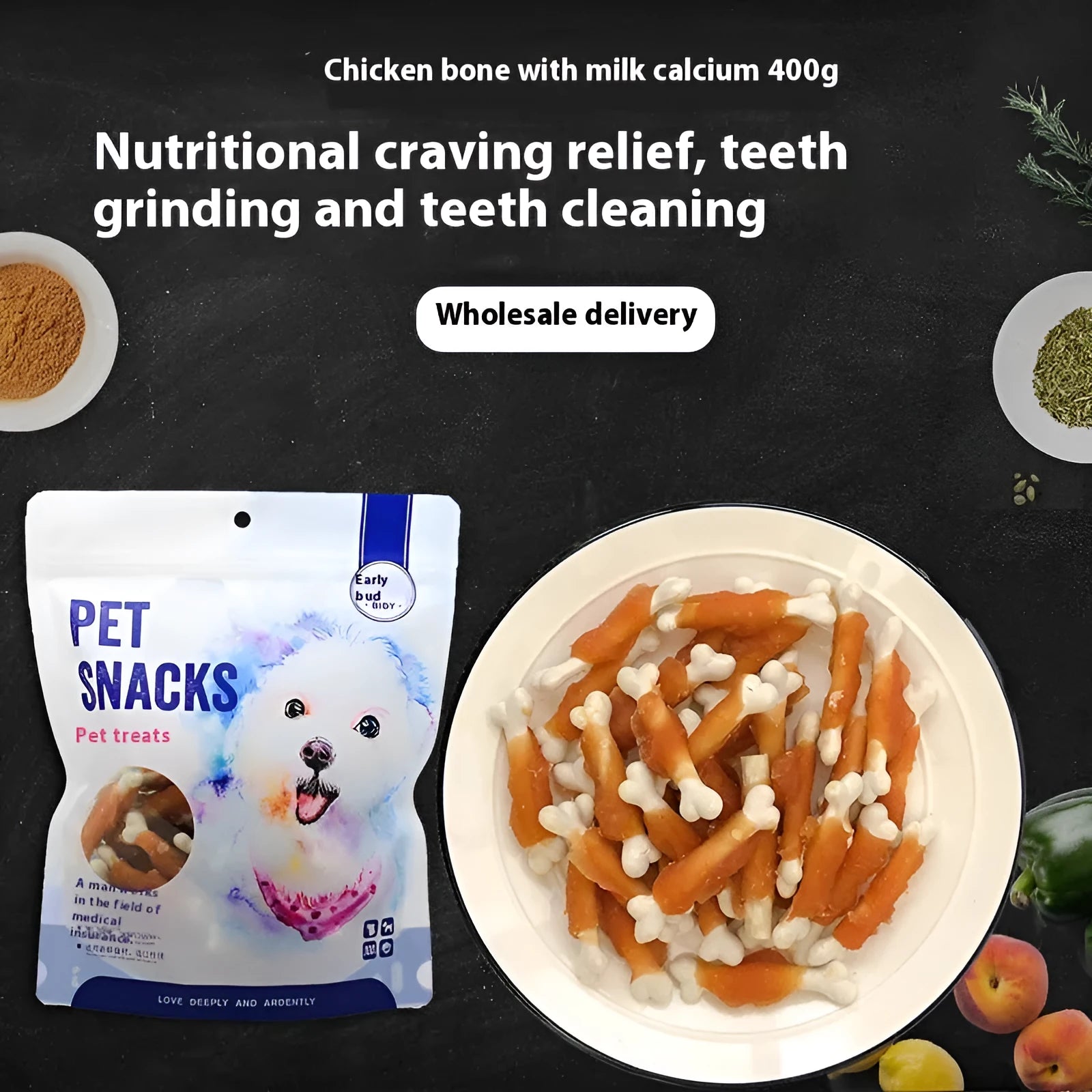 400g bag of Betty Chicken Wrapped Calcium Bone dog treats showing wrapped bone construction