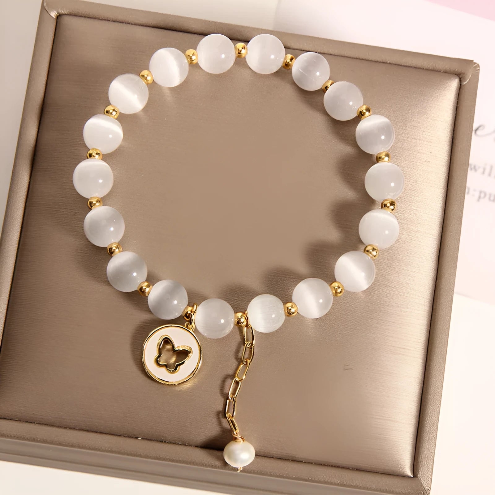 White cat's eye crystal geometric bracelet with adjustable clasp for women.