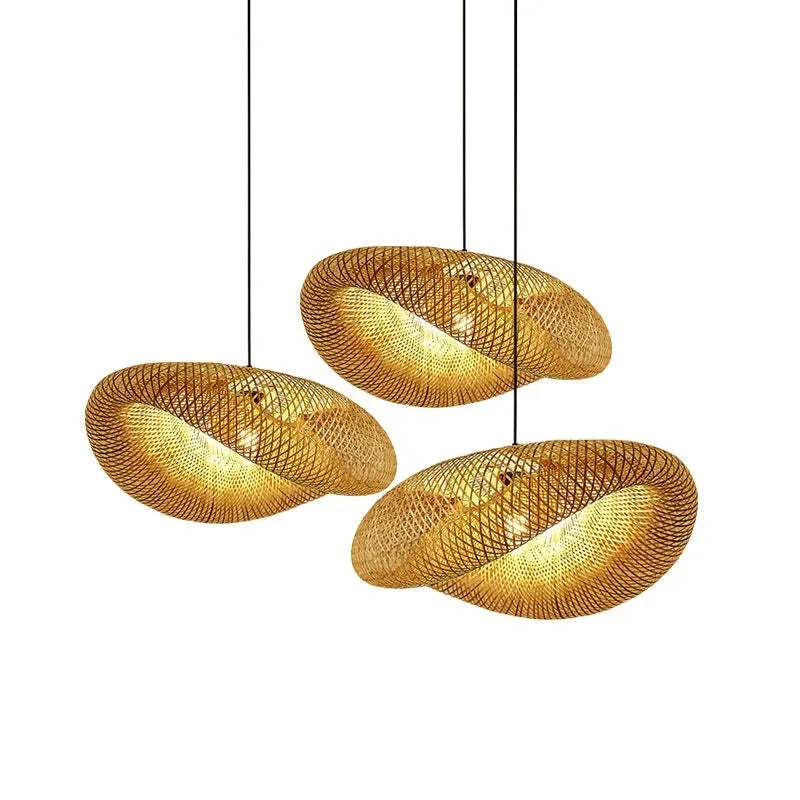 Bamboo woven straw hat-shaped hanging pendant lamp with warm white light.