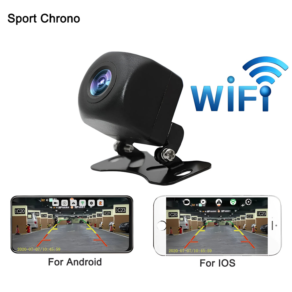 Black plastic car rear view camera with 170-degree wide angle, 720 resolution, IP67 rating, 12V WiFi, 100g