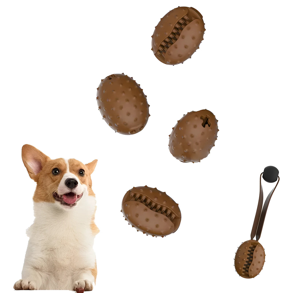 Brown coffee bean shaped dog chew toy with textured surface and hidden rope knot design