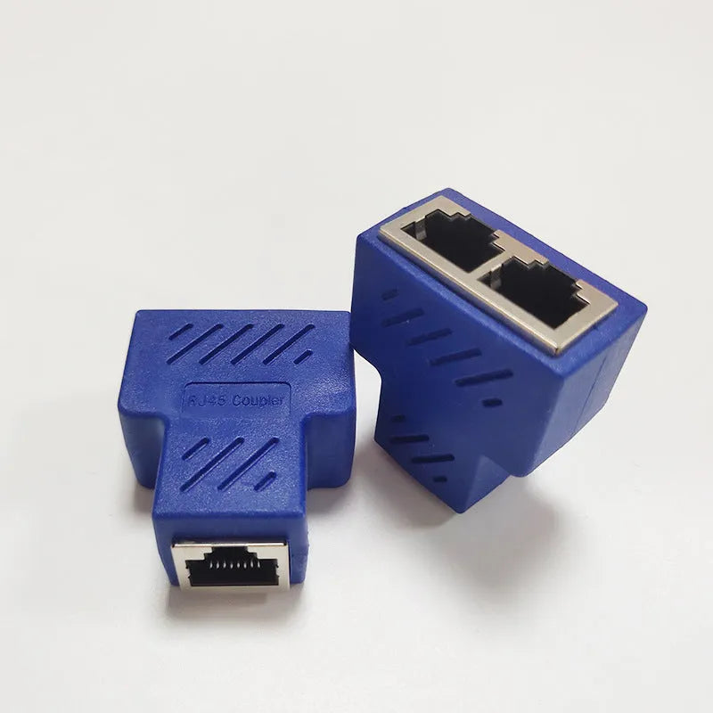 Two white RJ45 network tee splitters, one male to two female ports.