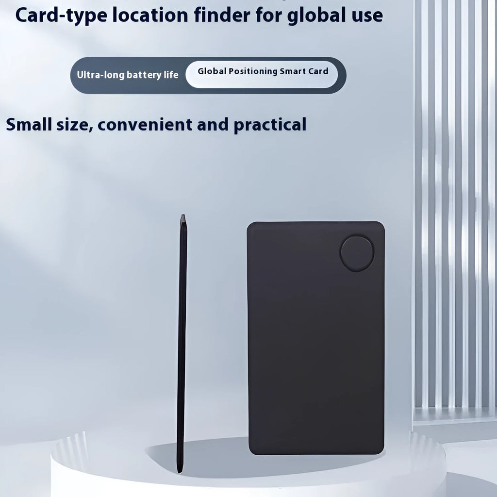 Black universal card anti-lost locator with Bluetooth 5.0, ABS construction, and hanging loop