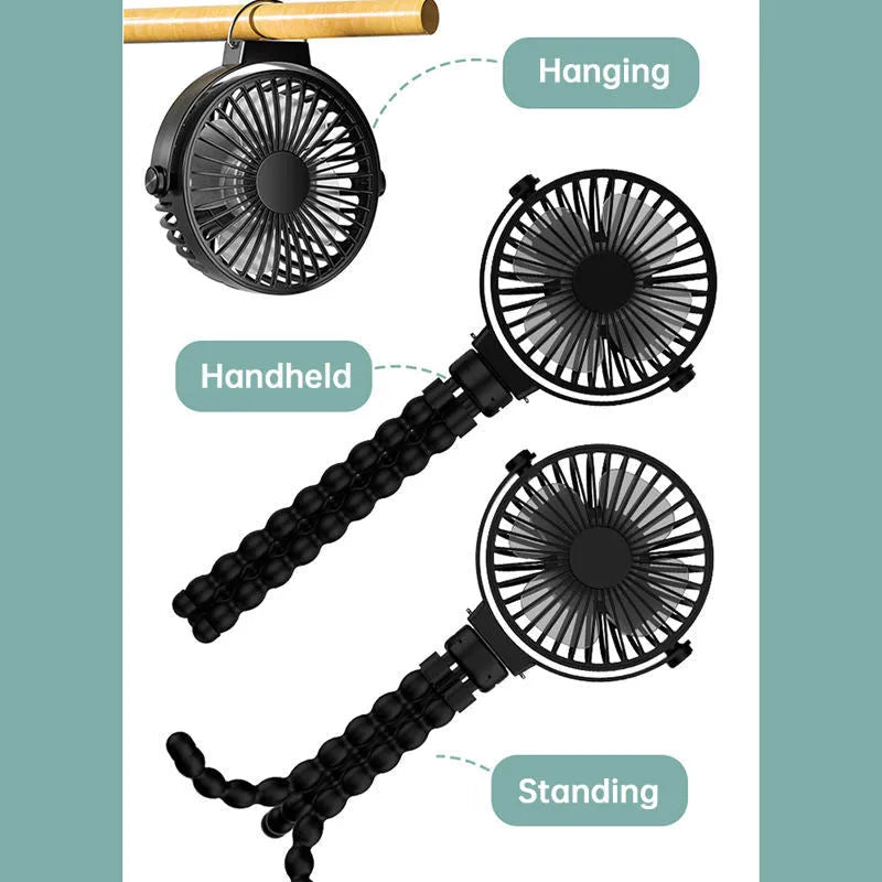 Black portable USB octopus fan with flexible tripod legs and clip, showing 360-degree rotation.
