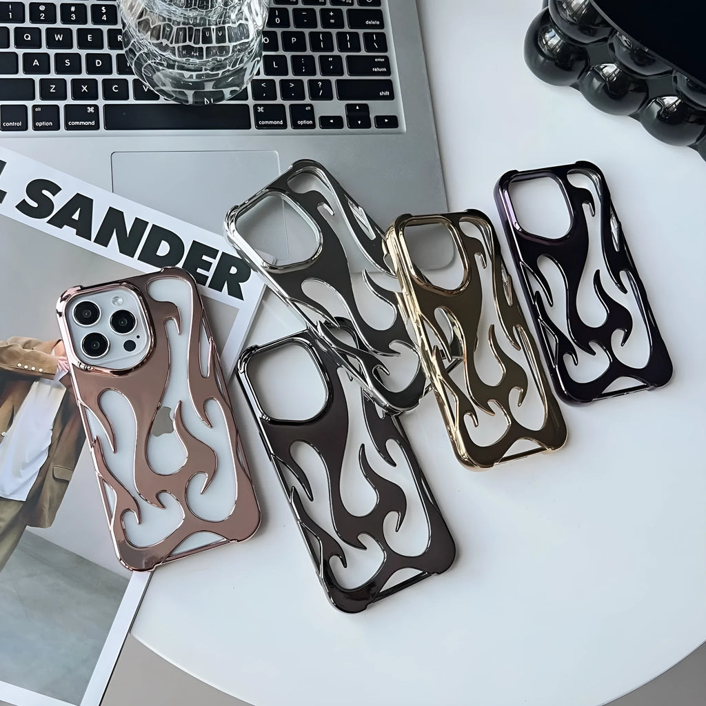 Electroplated hollow flame pattern mobile phone case for iPhone on a dark background, showing silver metallic finish.