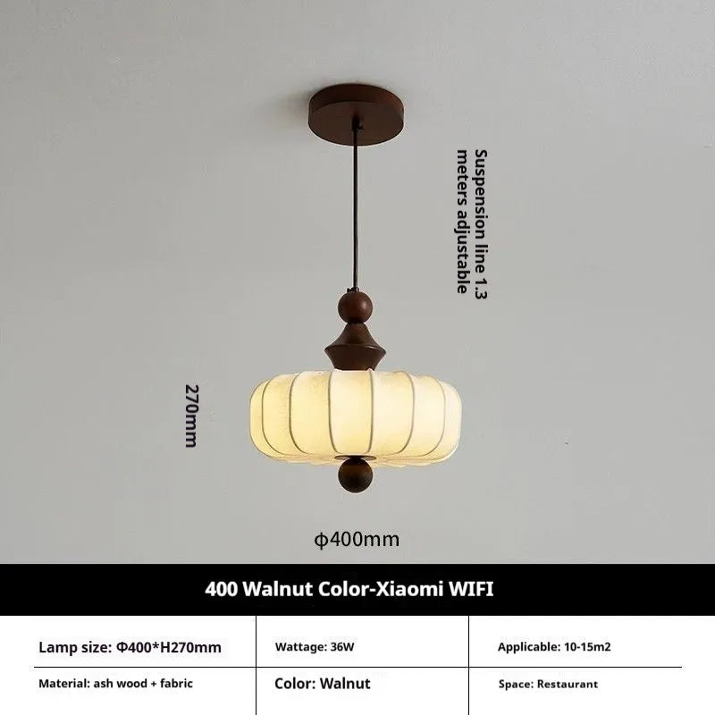 Mid-ancient French retro fabric bedroom ceiling lamp in walnut colour with ash wood frame and fabric shade