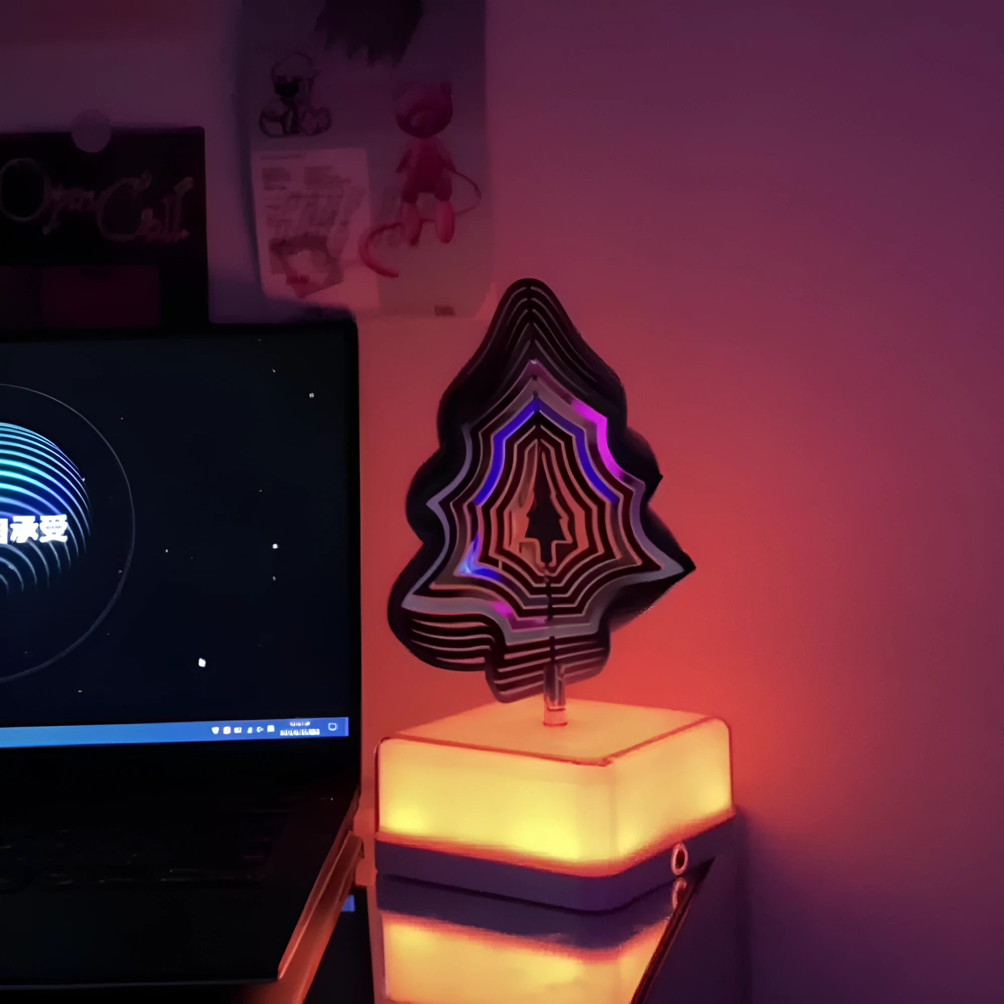Creative rotating ambience LED night light with 16 colour remote control, acrylic and metal construction