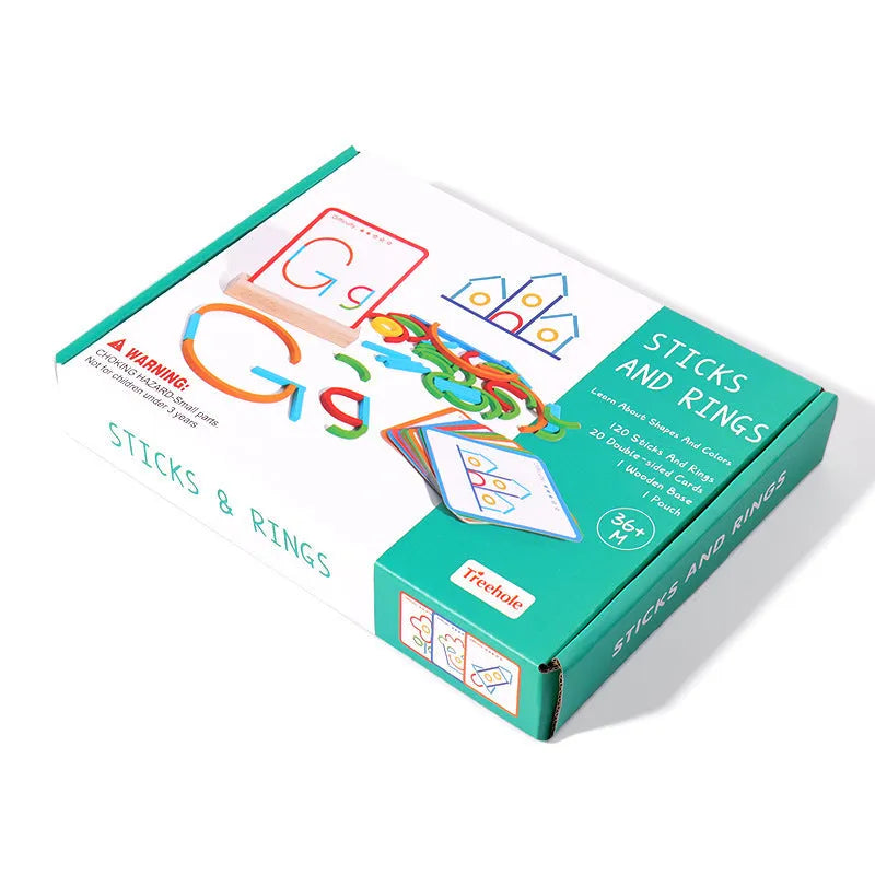 Children's wooden thinking training puzzle with creative stick and ring pieces on illustrated board, colour box packaging