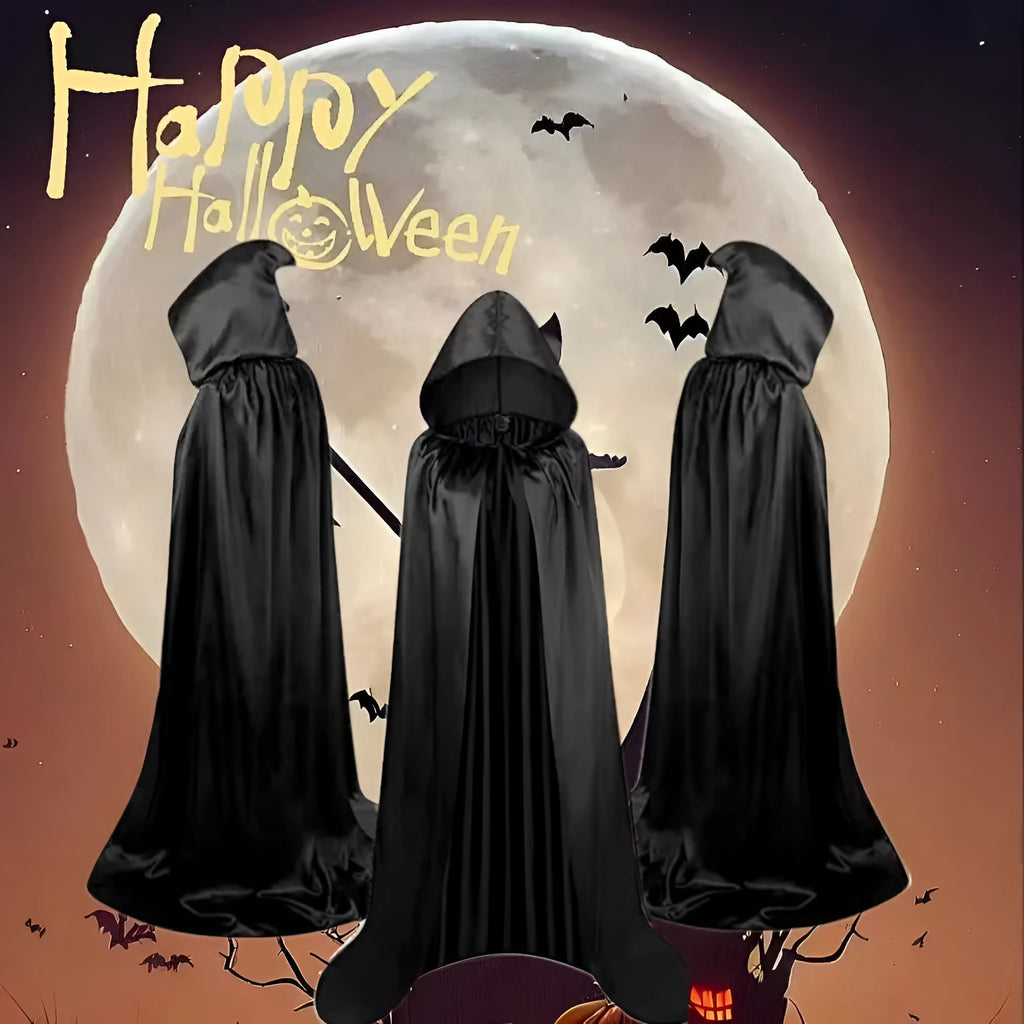 Children's black hooded wizard cloak costume with reversible design for Halloween dress-up