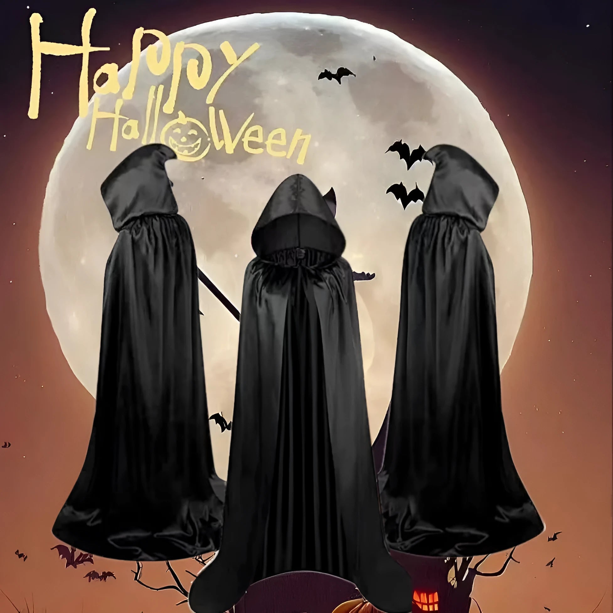 Children's black hooded wizard cloak costume with reversible design for Halloween dress-up