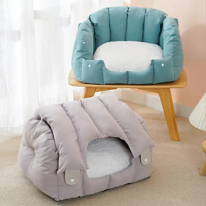 Grey arched cat bed transformed from enclosed nest to open sofa configuration for cats and small dogs