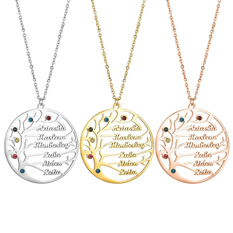 Personalised gold stainless steel Tree of Life necklace with custom name engraving on a white background