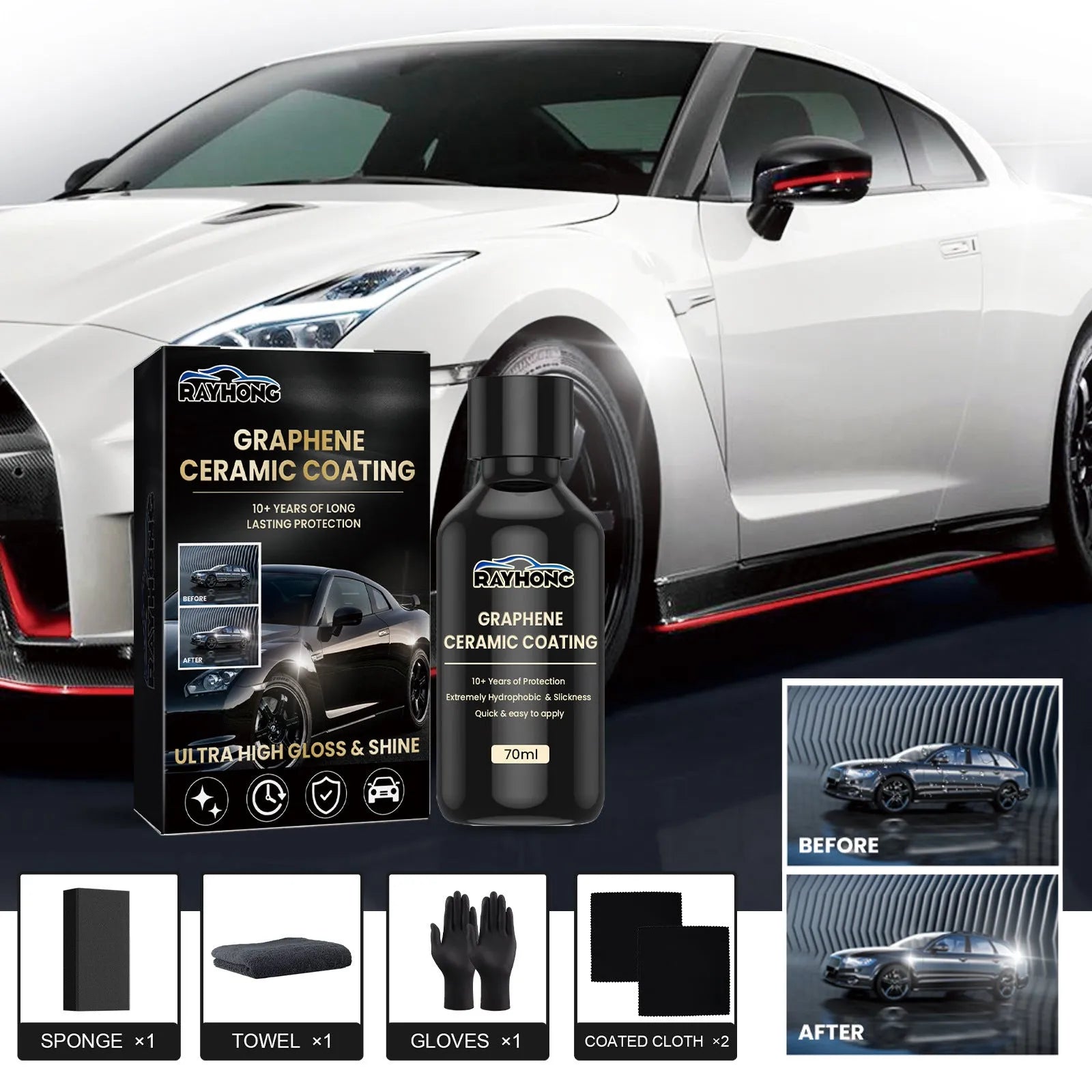 70ml graphene ceramic car coating kit with bottle, sponge, microfibre cloths, and gloves for paint protection.