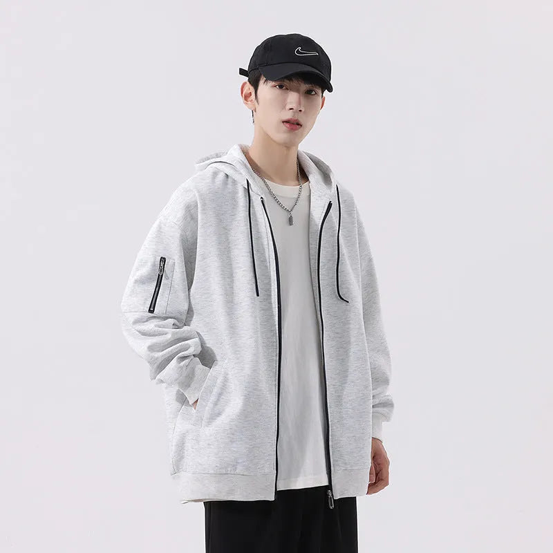 Loose hooded cardigan for teenagers in solid black, unlined polyester fibre, relaxed fit, front view