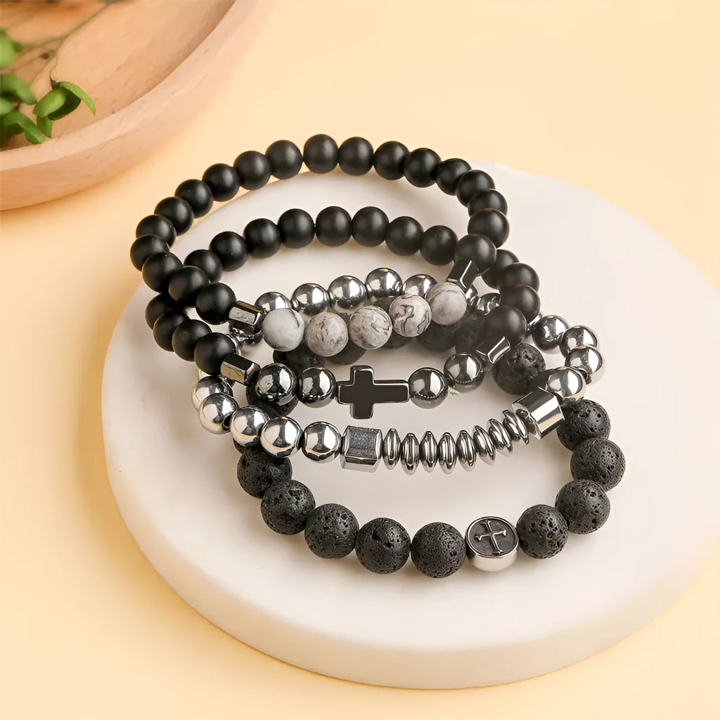 Men's stainless steel bracelet with circular geometry shape and dark volcanic agate stone centre