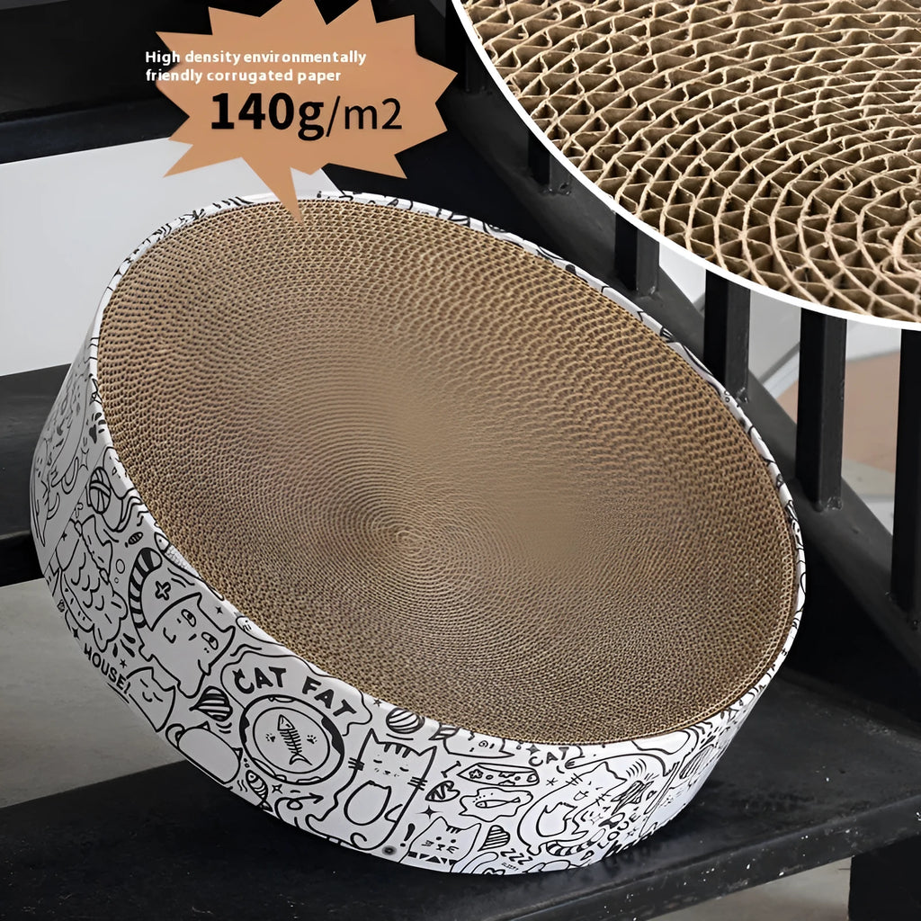 Extra large round white corrugated paper cat scratching board 42x42x10cm with a nest shape on the floor