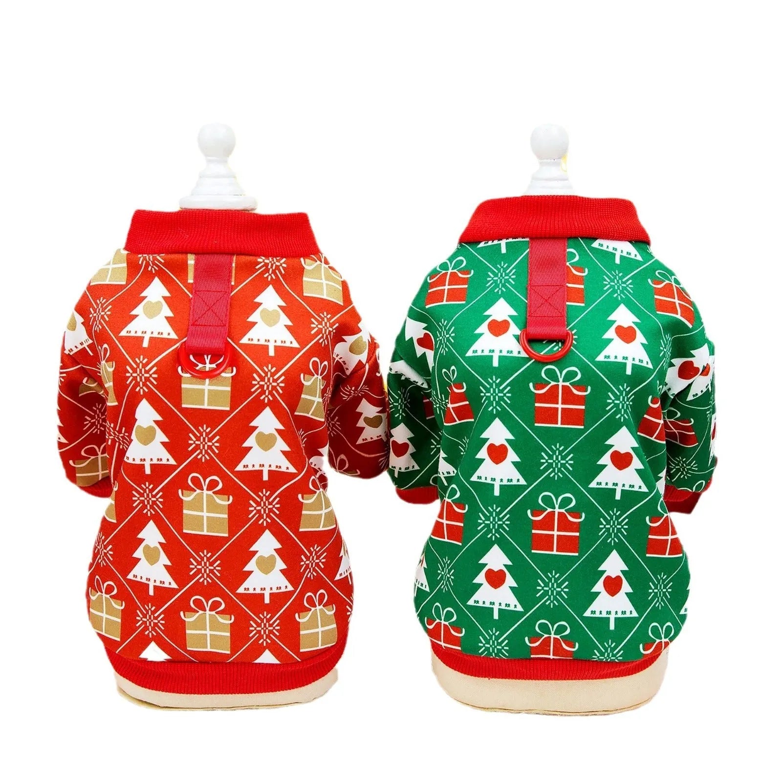 Green or red Christmas tree patterned pet hoodie for dogs and cats, sizes S M L XL XXL.