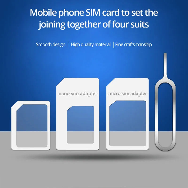 Four-in-one SIM restore kit showing three plastic SIM adapters and a metal pickup pin