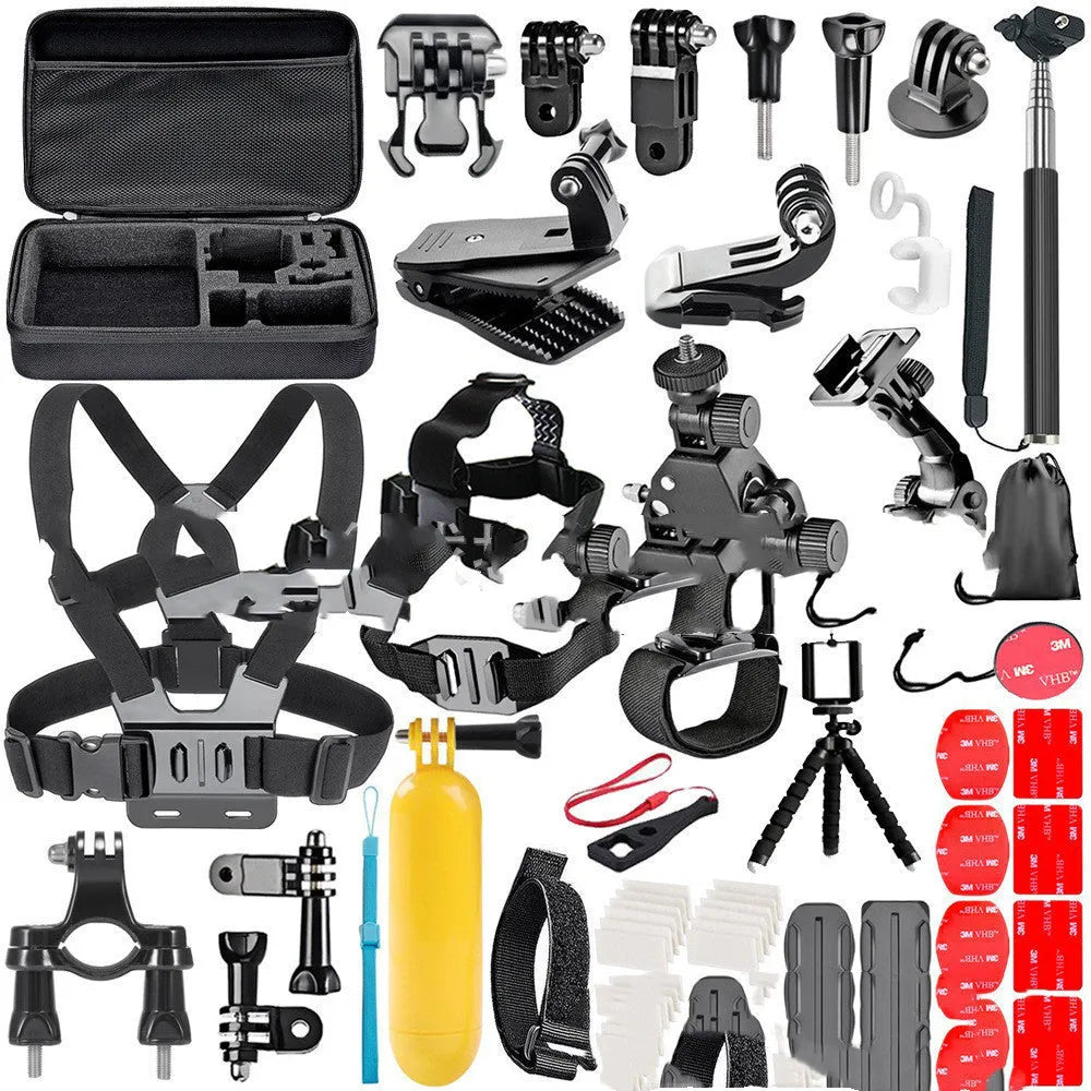 Black GoPro accessories set showing chest strap, helmet mount, mini tripod and iPhone holder for action filming