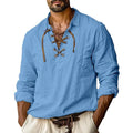 Men's loose blue linen-blend shirt with lapels and long sleeves on a hanger.