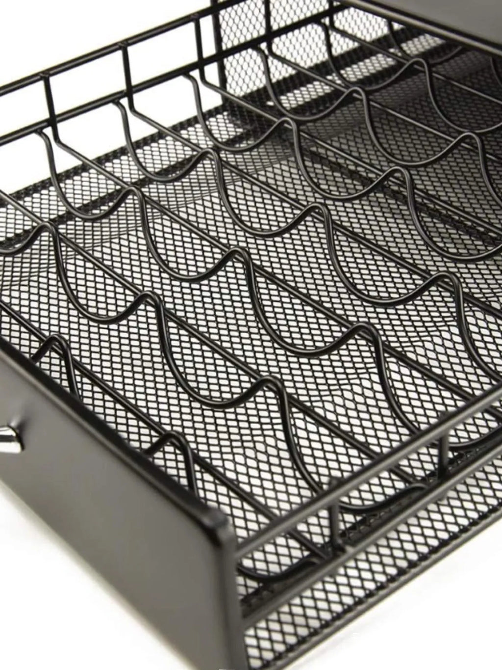 Black coffee capsule storage drawer with silver handle and rotary rack in 40x29x8.5cm size on countertop