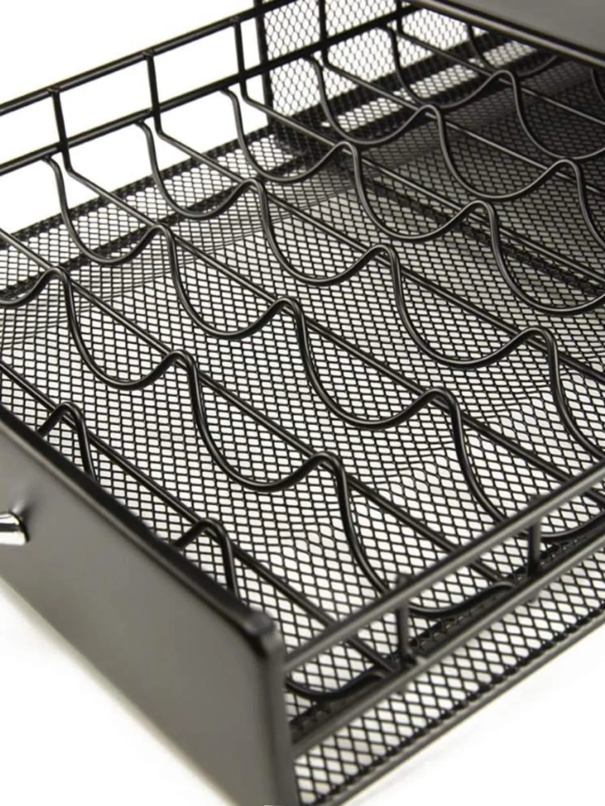 Black coffee capsule storage drawer with silver handle and rotary rack in 40x29x8.5cm size on countertop