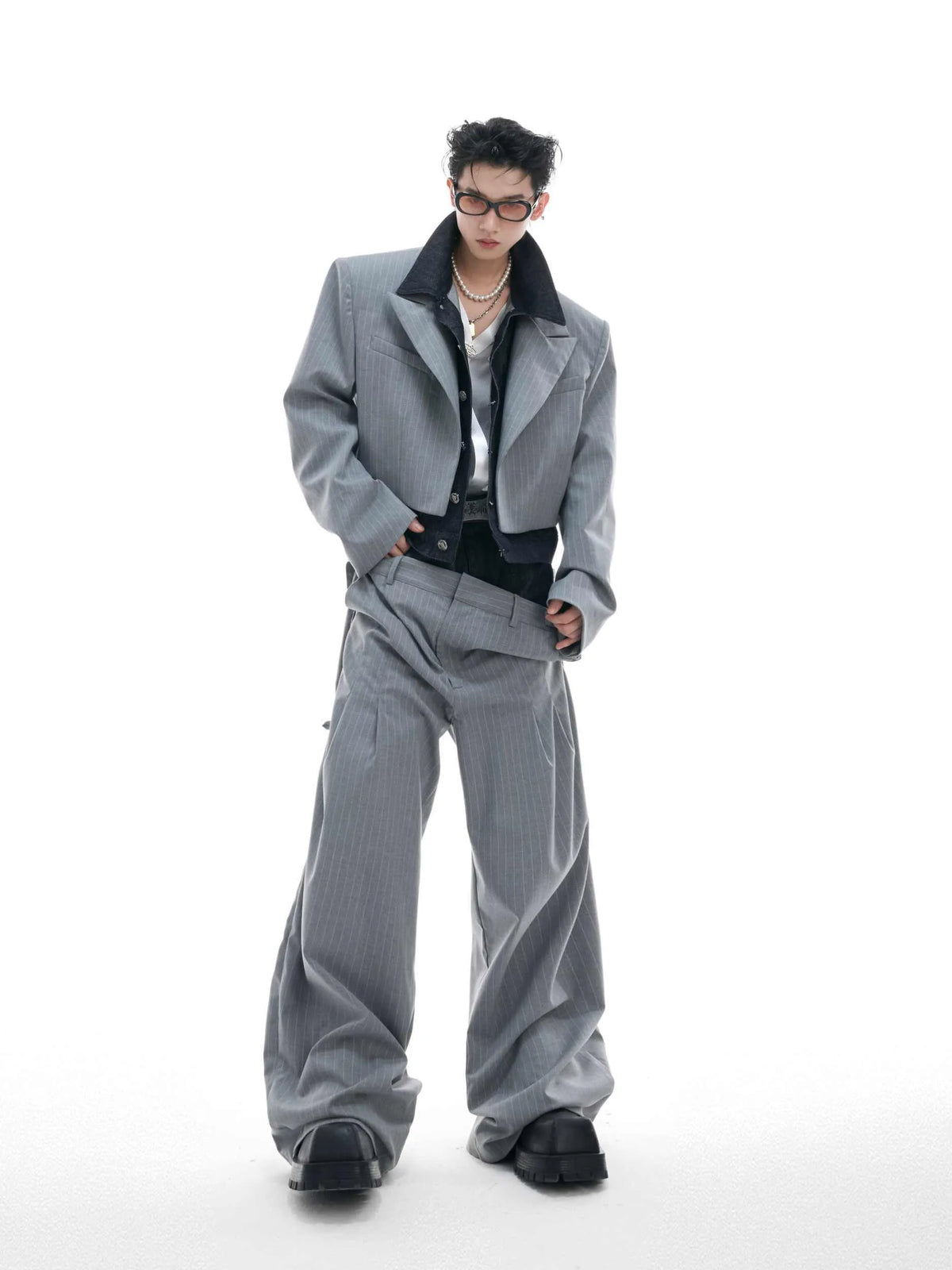 Double waist striped suit pants with raw denim stitching in grey, composite fabric, sizes S to XL