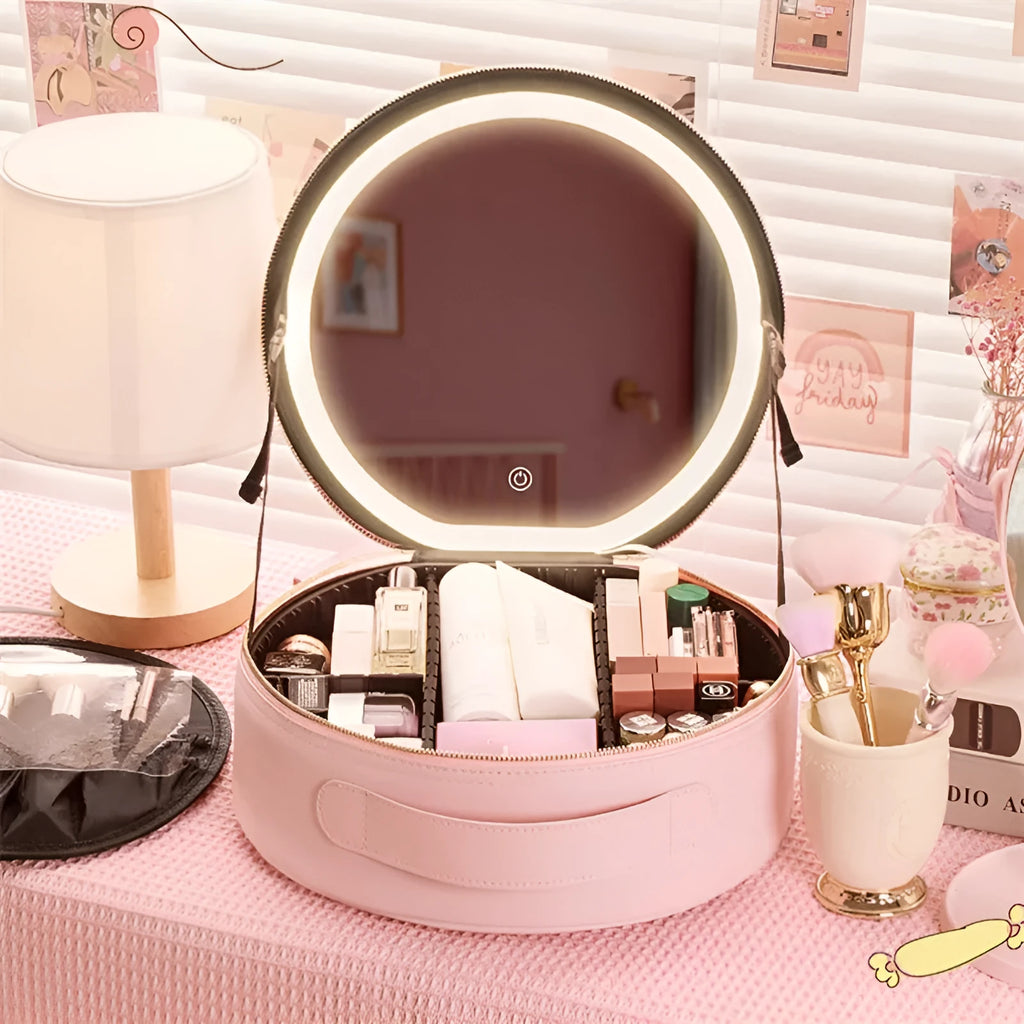 Round cherry blossom pink PU leather makeup bag with built-in LED mirror and internal partitions.
