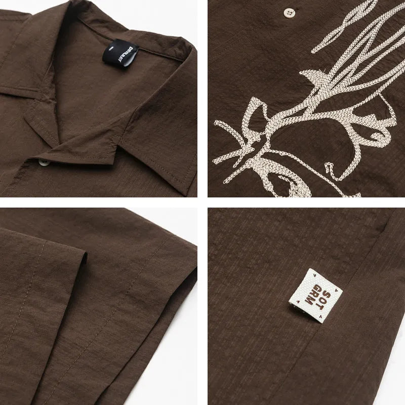 Brown striped outdoor waterproof Cuban collar short sleeve shirt on hanger