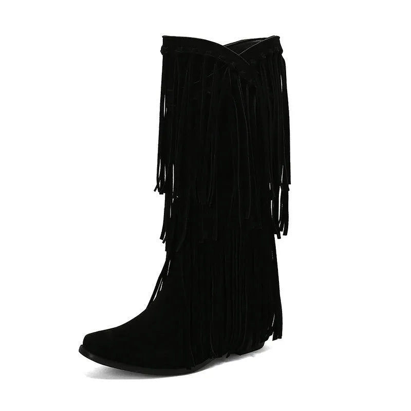 Women's suede mid-calf boots with chunky heel, waterproof platform, and tassel detail in multiple colours