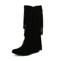 Women's suede mid-calf boots with chunky heel, waterproof platform, and tassel detail in multiple colours