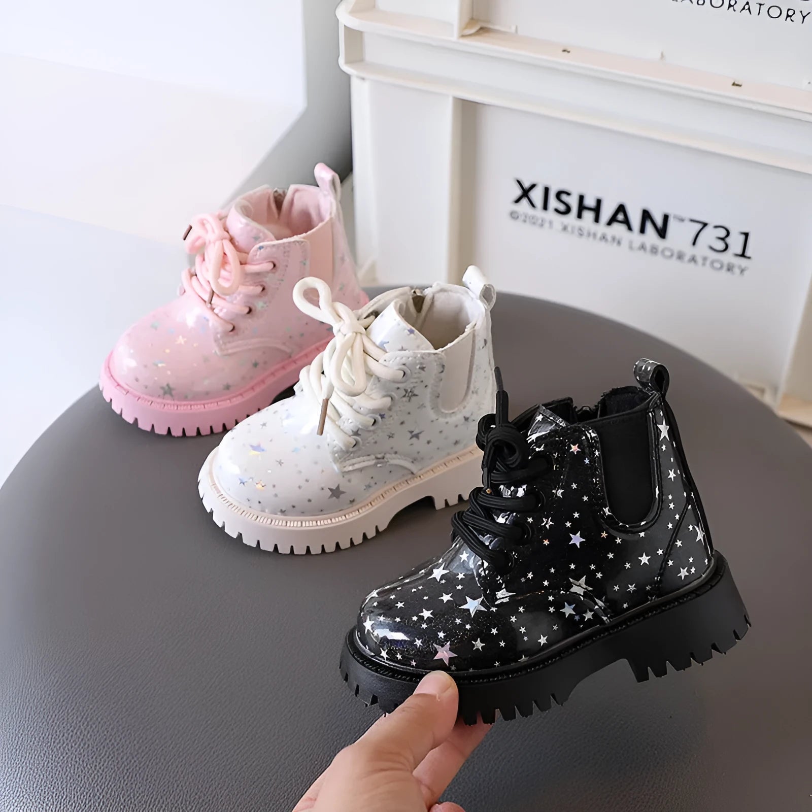 Girls short low top PVC children's boots in black with side zipper and non-slip sole