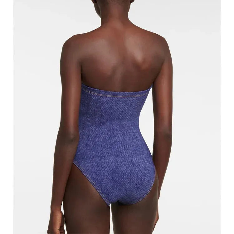 Women's vintage denim swimsuit one-piece with coordinating skirt in Y258 colour