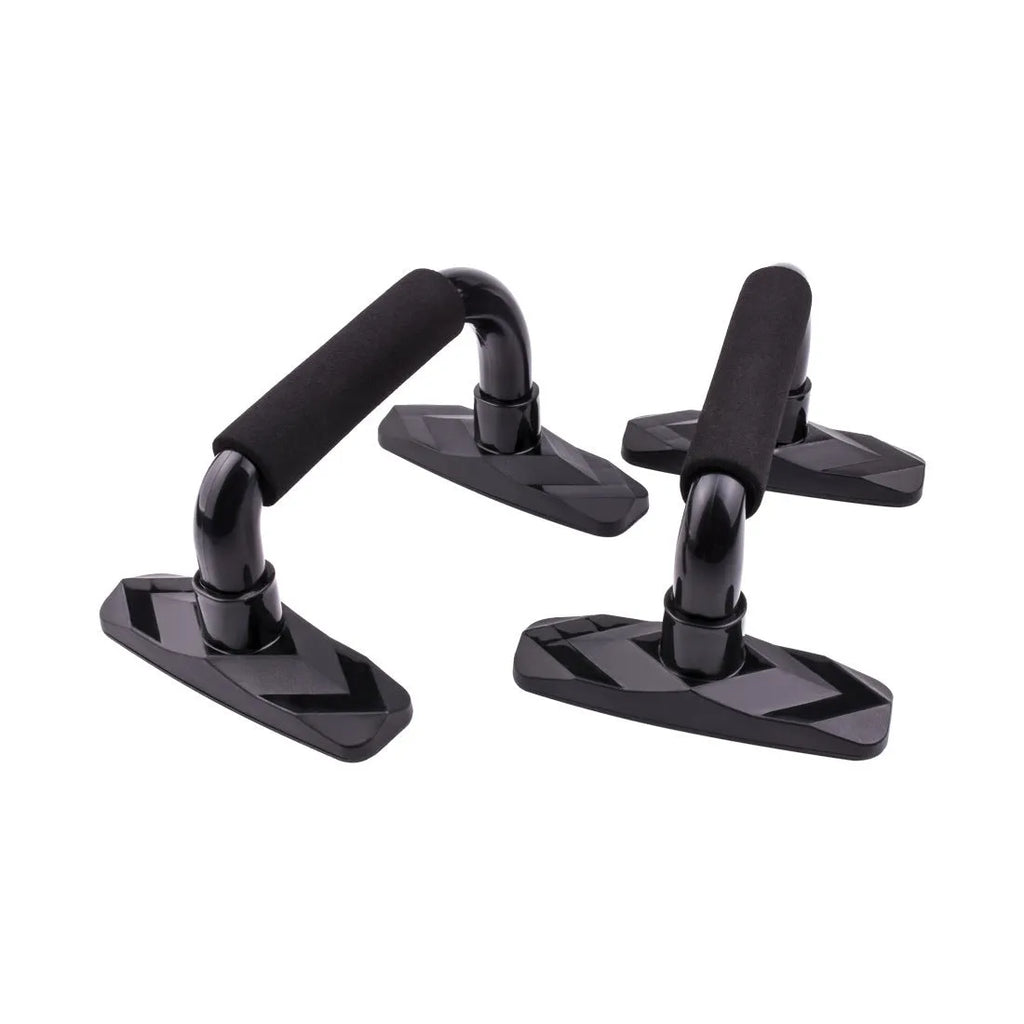 A pair of I-shaped black push up bars with blue PP sponge grips on a grey floor.