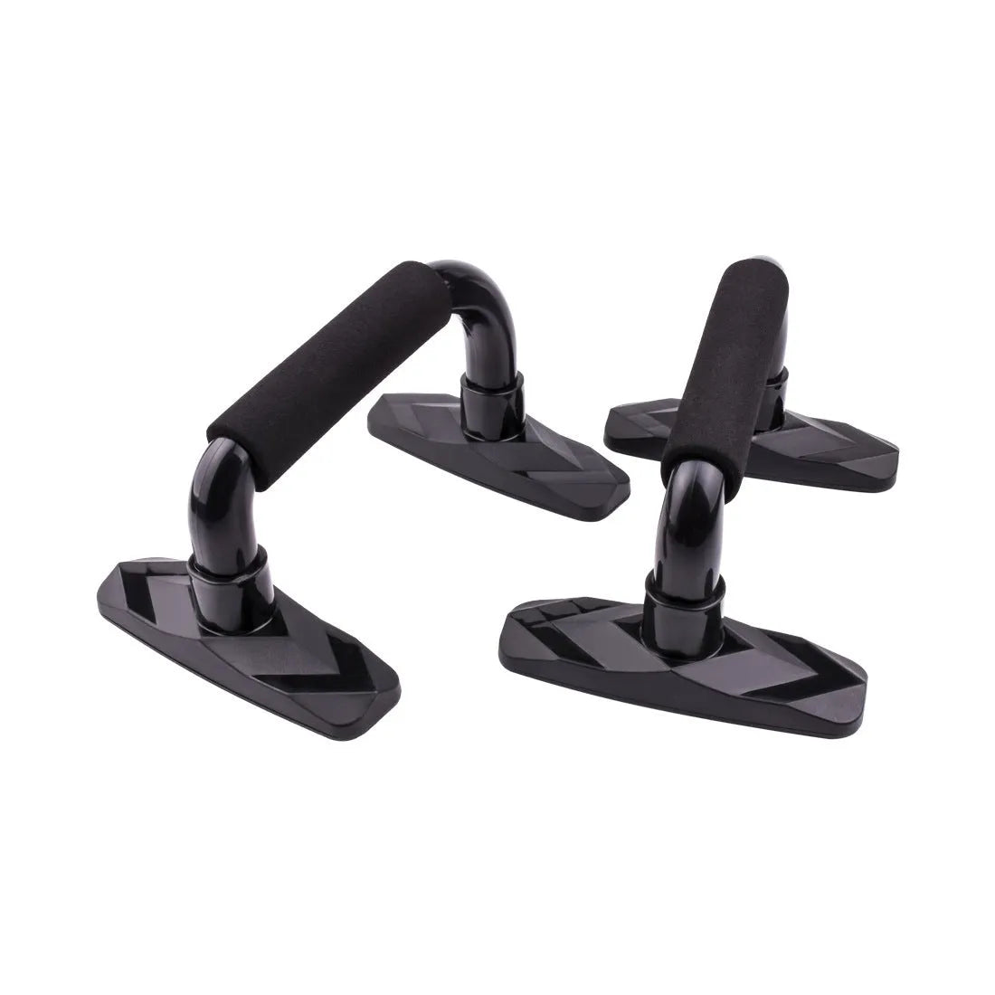 A pair of I-shaped black push up bars with blue PP sponge grips on a grey floor.