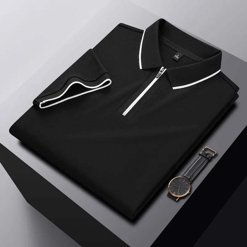Men's solid colour zip-front polo shirt in long-staple cotton fabric on hanger